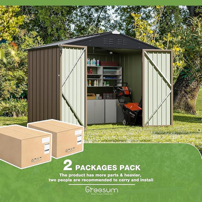 Greesum 8x6FT Outdoor Storage Shed, Utility Tool Shed with Sloping Roof, Metal Storaged Garden Shed with Door & Lock for Patio Storage, Brown