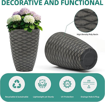 2-Pack 19" Rustic Black Resin Tall Planters with Wave Texture | Set of 2 resin tall planters with rustic black wave texture, drainage plugs, and UV-resistant finish for porch or patio