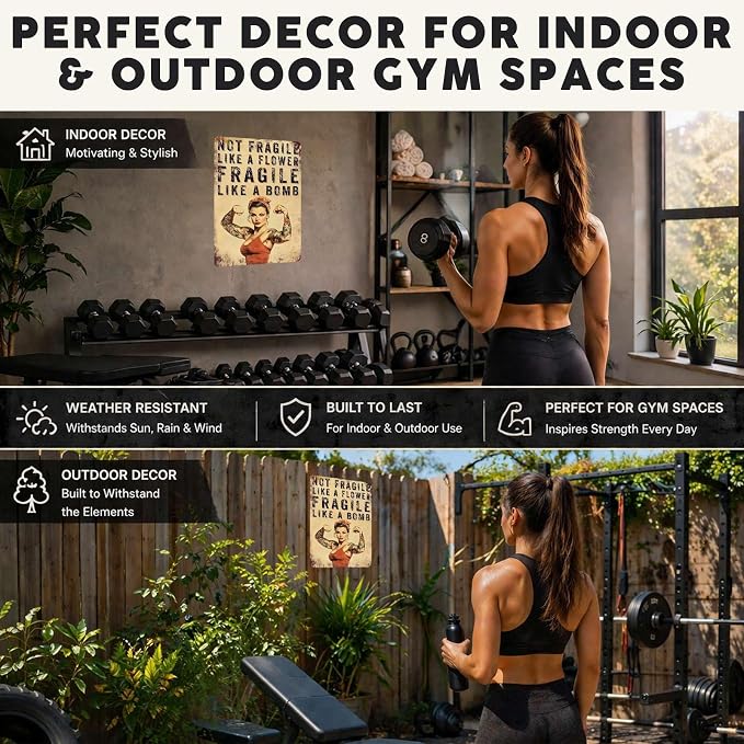 PEACHGARDEN Home Gym Decor for Women, Not Fragile Like a Flower Fragile Like a Bomb Aluminum Metal Sign, Vintage Fitness Girl Wall Decor, Motivational Workout Room Poster for Garage Gym, 8x12 Inch