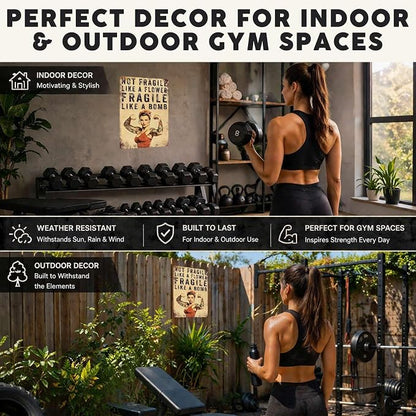 PEACHGARDEN Home Gym Decor for Women, Not Fragile Like a Flower Fragile Like a Bomb Aluminum Metal Sign, Vintage Fitness Girl Wall Decor, Motivational Workout Room Poster for Garage Gym, 8x12 Inch