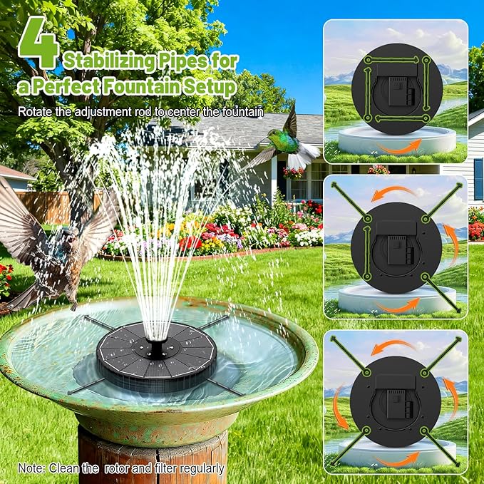 Solar Fountain with 3 Spray Height, Colorful Led Lights, 3.5W Glass Solar Bird Bath Water Fountain with 2000mAh Battery, 4 Rotating Rods and 7 Nozzles for Hummingbird Bathing, Outdoor Décor