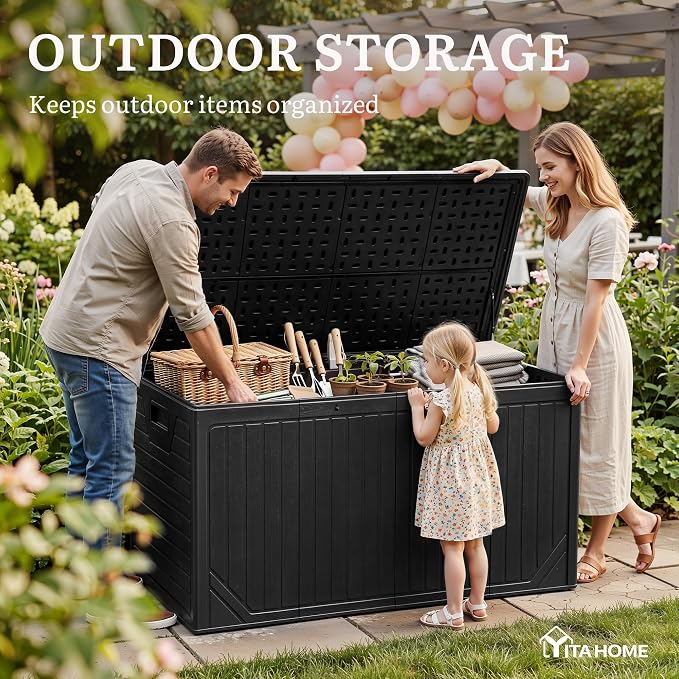 YITAHOME XXL 300 Gallon Extra Large OutdoorDeck Box | Lockable Resin Storage Box and Waterproof Patio Furniture Bin for Garden Tools & Pool Accessories, Black