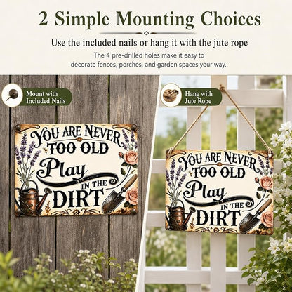 Vintage Garden Metal Sign, Funny Tin Wall Decor 8x12 In | vintage garden sign with rope, 4 pins and corner holes for patio, porch, fence, greenhouse and wall decor