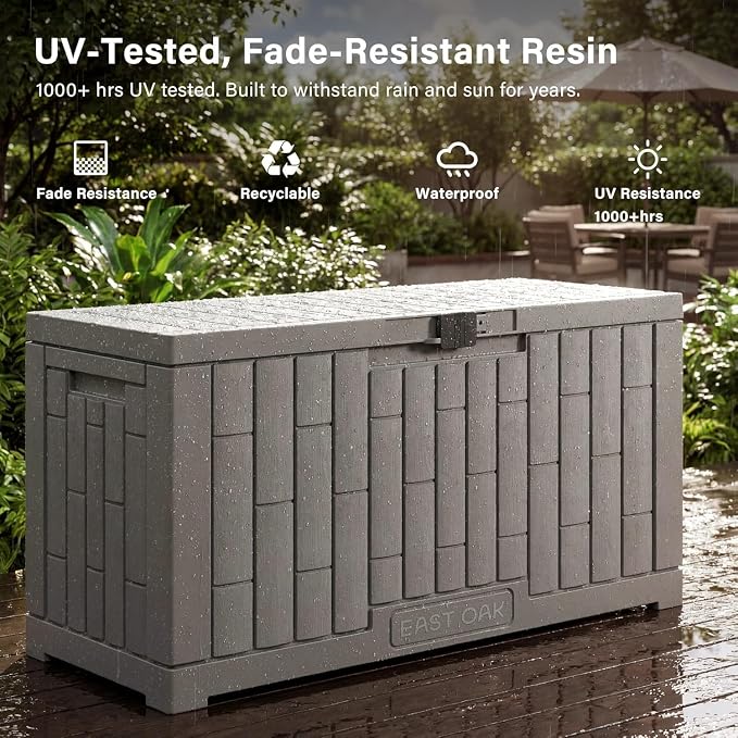 EAST OAK Outdoor Storage Box, 60 Gallon Deck Box Indoor and Outdoor Use, Waterproof Resin Storage Bin for Patio Cushions, Gardening Tools, Lockable, UV Resistant, Ash Grey