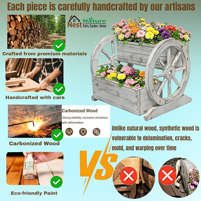 NestNature Wooden Wagon Planter Box|Raised Garden Bed W/Wheels for Plants | 2 Tier Classic Rustic Flower Pot Use Indoor&Outdoor Decor On Patio,Porch,Garden-Outdoor Planter For Flowers,Herbs,Vegetables