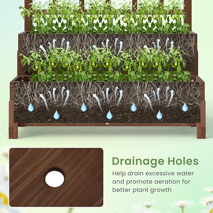 HAPPYGRILL Raised Garden Bed with Trellis, Drainage Holes, 2-Tier Wooden Elevated Planter Box w/Legs for Climbing Plants Vine Flower Herb Vegetable Fruit, Outdoor Garden Box for Patio Balcony (2)