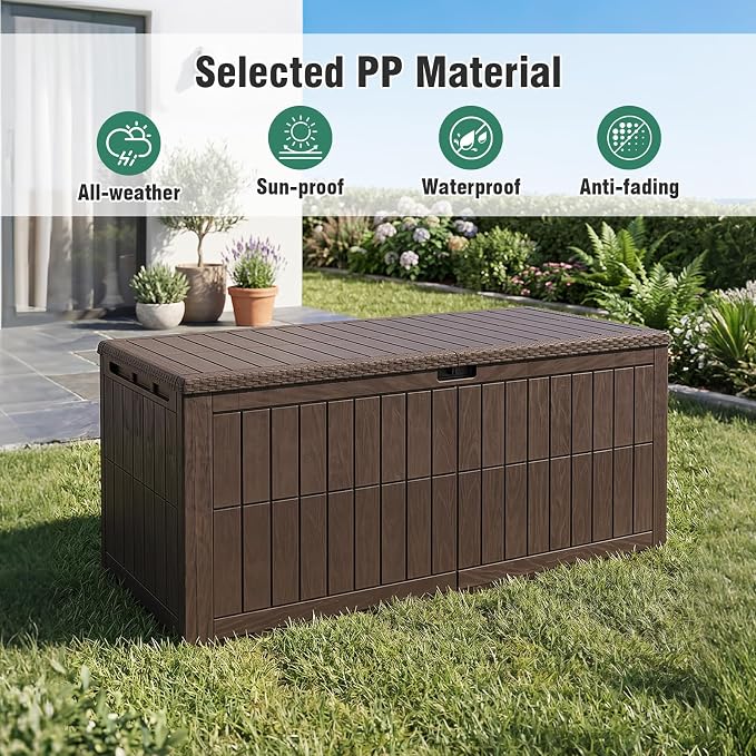 Tangkula 180 Gallon Outdoor Storage Box, Waterproof PP Resin Patio Storage Box with Lockable Lid for Indoor & Outdoor Use, 2-in-1 Rattan Design Deck Box for Cushions, Garden Tools