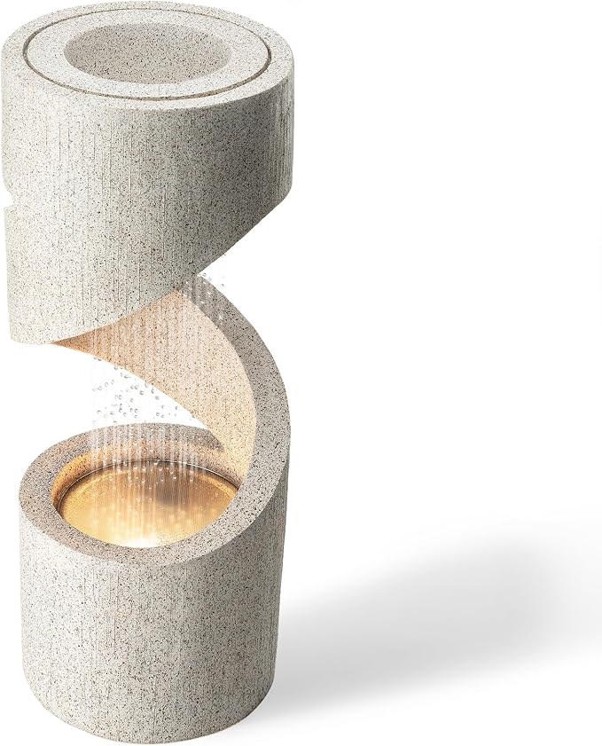 Glitzhome Outdoor Water Fountain with LED Light, Decorative Tiered Curved Waterfall Fountain with Stone Planter, Faux Terrazzo Spiral Shaped Outdoor Fountains for Garden Deck Patio Porch, 31.25”H