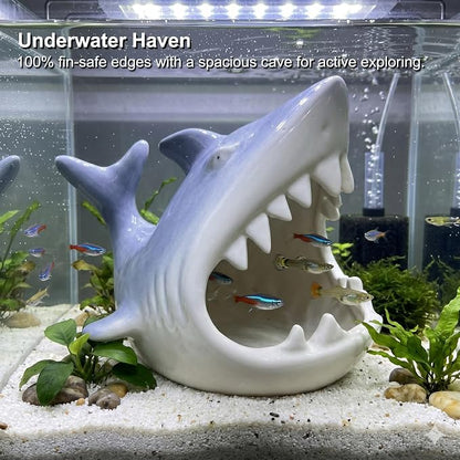 Ceramic Shark Aquarium Decorations - Large Fish Tank Cave & Betta Hideout, Bio-Filter Shark Candy Bowl, Key Holder for Entryway Table, pH-Neutral Marine Fish Tank Accessories Ornament