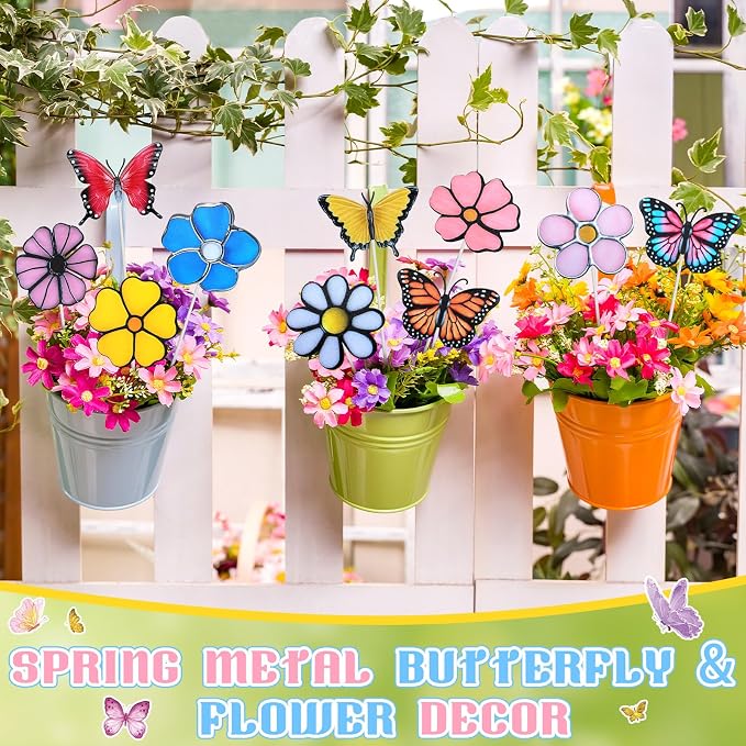 10 Pcs Metal Flower Garden Stake for Outside Outdoor 11.8" 5D Summer Flowers Butterfly Metal Sign Waterproof Decoration Landscape Ornament for Lawn Yard Garden Patio Porch Art