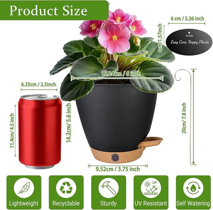 6 Inch Self Watering Pots for Indoor Plants(5-Pack) – Small Plastic Planters with Water Level Window, Drainage Holes & Detachable Trays, Indoor Outdoor Flower Pots for Herbs, Snake,Pothos(Black)