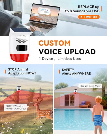 PILSAMAS 2-Pack Solar Motion Sensor Alarm - Custom Voice Upload, Deer & Raccoon Deterrent, Motion Activated Voice Player & Strobe Light, IP65 for Chicken Coop, Pool Gate, Garage, Farm Protection