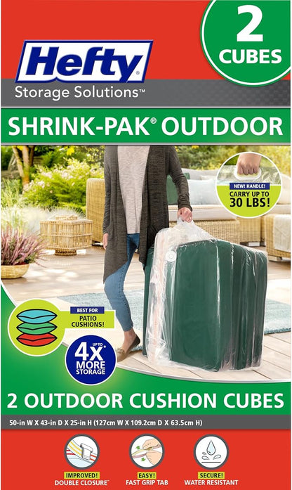 Shrink-Pak Hefty Outdoor Cushion Storage Cube 2-Pack | Patio Cushion Storage Bag Set with Vacuum Valve, Heavy Duty Outdoor Cushion Storage Bags Set for Patio Furniture