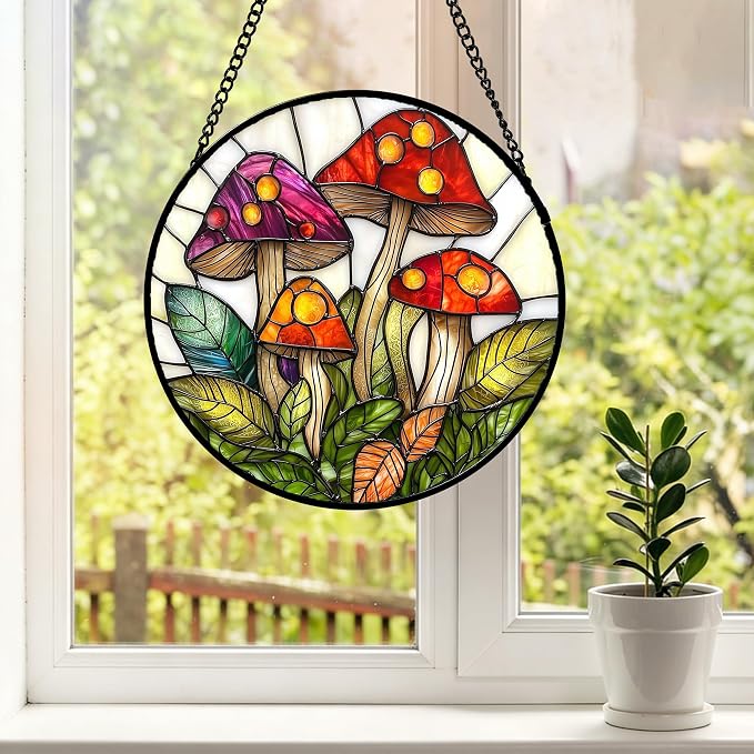 DASTOLL Stained Glass Window Hanging, Mushroom Leaves Suncatcher for Doors Home Sun Catchers Decoration and Christmas, Mother's Day Birthday Gifts for Women, Men, and Mom 6.3 in