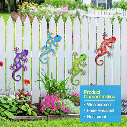 4 Pcs Metal Gecko Outdoor Decorations - Metal Wall Art Hanging Sculpture Decoration for Garden Yard Fence Porch Exterior Wall Decor