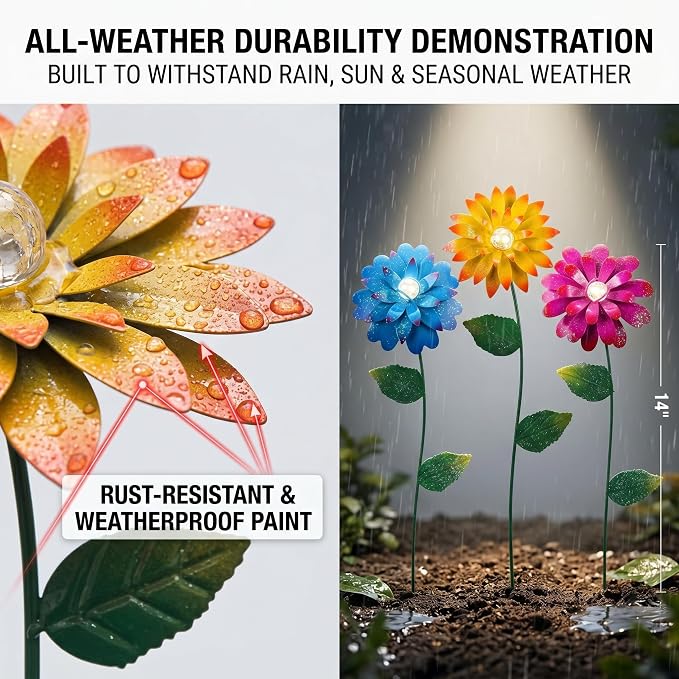 Garden Decor for Outside, 3 Pack Metal Flower Garden Stakes with Glow Beads, Swaying Yard Art for Lawn, Patio, Flower Beds & Outdoor Garden Decorations