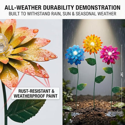 Garden Decor for Outside, 3 Pack Metal Flower Garden Stakes with Glow Beads, Swaying Yard Art for Lawn, Patio, Flower Beds & Outdoor Garden Decorations