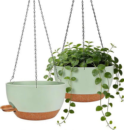 12 Inch Self Watering Hanging Planters 2 Pack, Green Brown | Plastic planters with drainage holes and saucers. Suitable for indoor, outdoor, kitchen, balcony and garden plant decor.