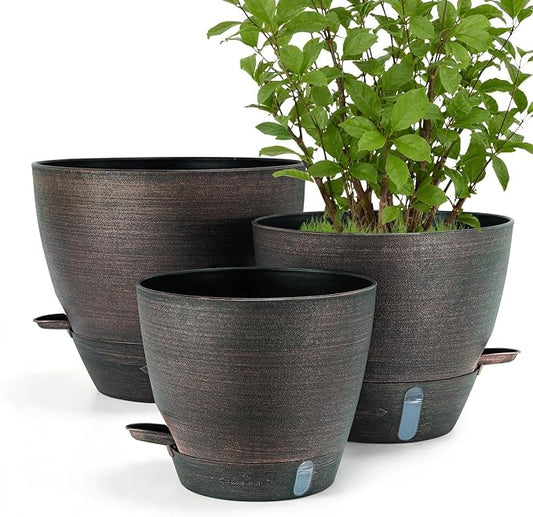 ZMTECH 12/10/8 In Self Watering Pots for Indoor/Outdoor Plants,3 Pack Bronze Large Plastic Planter with Water Level Indicator, Drainage Hole & Removable Saucer for Garden Flowers, Deco Plant Container