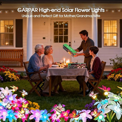 Garpar Solar Flower Lights Outdoor 4 Pack, 16 Lilies and 12 Butterflies | 800mAh Battery, Brighter LED, IP65 Waterproof, Color Changing, Perfect for Yard, Lawn, Pathway, Gift for Mom, Women, Grandma