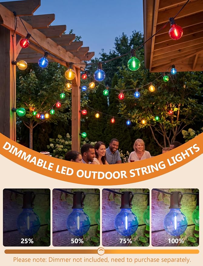 G40 LED Outdoor String Lights，25Ft Globe Multicolor Christmas Decorations String Lights with 27 Shatterproof LED Bulbs, Hanging Outdoor Patio Lights for Outside Backyard Porch Balcony Party- Black