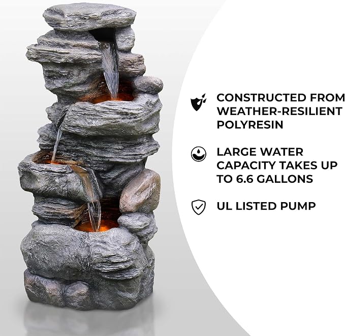 Teamson Home 39.37 in. Outdoor Faux Stacked Stone 4-Tier Water Fountain with LED Lights and Pump, Gray | Faux Stone, Patio Waterfall Feature, LED Lights & Pump, For Yard, Deck, Landscaping
