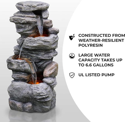 Teamson Home 39.37 in. Outdoor Faux Stacked Stone 4-Tier Water Fountain with LED Lights and Pump, Gray | Faux Stone, Patio Waterfall Feature, LED Lights & Pump, For Yard, Deck, Landscaping