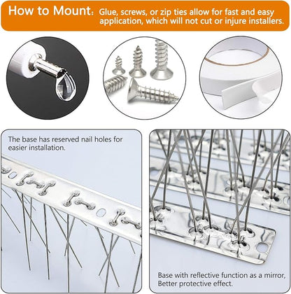 QIEGL Bird Spikes 304 Stainless Steel for Pigeons Small Birds Anti Bird Spike Sparrow Fence Spikes Cover 10.8 Feet (10 Pack Uninstalled)