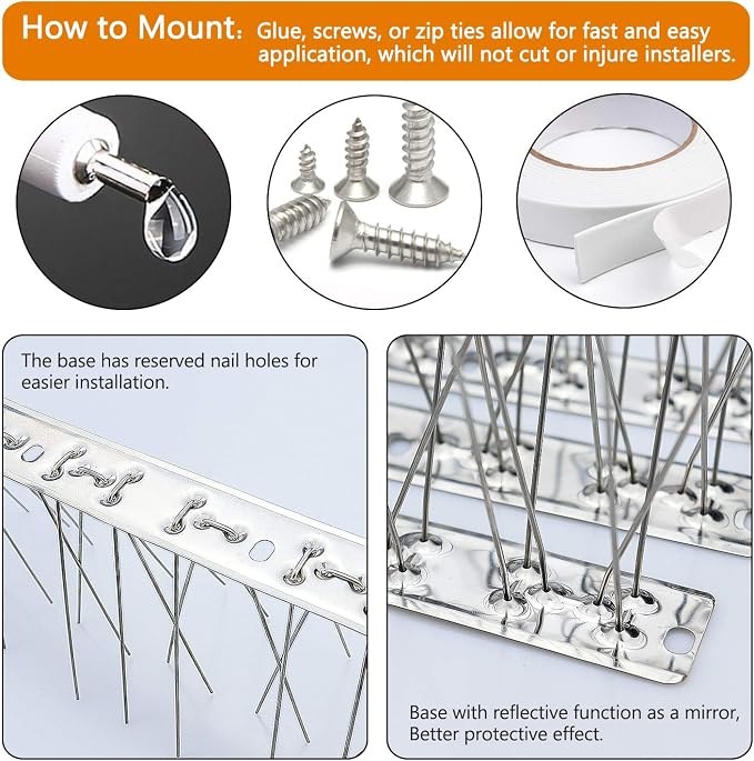 QIEGL Bird Spikes for Pigeons 304 Stainless Steel Cover 25 Feet (23 Pack Uninstalled)