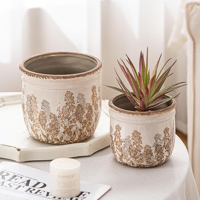 SURE YUESI Ceramic Plant Pots Set of 2, 4.7+5.7 Inch Vintage Indoor Planters with Drainage Hole, Farmhouse Ceramic Flower Pots for Indoor Plants, Rustic Cottage Decor for Home Kitchen Garden, Brown