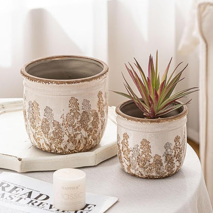 SURE YUESI Ceramic Plant Pots Set of 2, 4.7+5.7 Inch Vintage Indoor Planters with Drainage Hole, Farmhouse Ceramic Flower Pots for Indoor Plants, Rustic Cottage Decor for Home Kitchen Garden, Brown
