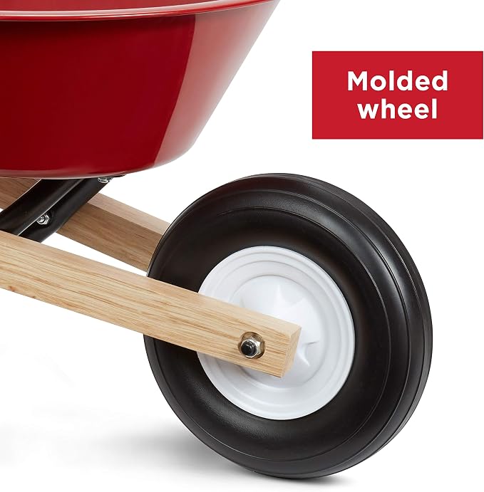 Radio Flyer Classic Kids Wheelbarrow, For Kids 3+, Seamless Steel Tray with No-Scratch Edges, Real Wooden Handles, Durable Front Wheel, Steel Undercarriage, 25 lb Capacity, Garden Toy for Children