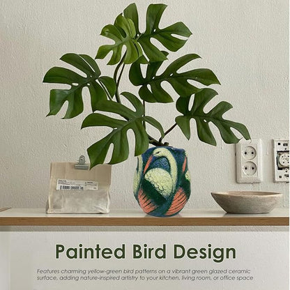 6.5 inch Green Ceramic Flower Pot with Bird Patterns,Indoor Outdoor Planter for Succulents Plants, Modern Home Garden Decor