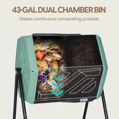 Werph 43 Gal Dual Chamber Compost Tumbler for Garden & Yard, Green & Black | Fast Assembly, 43 Gal Dual Chambers & Aeration System, 360° Rotating Tumbler, for Garden, Kitchen, & Yard (Gloves Included)
