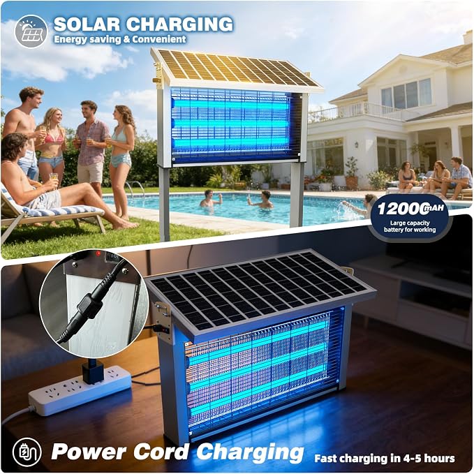 Heavy-Duty Large Solar Bug Zapper Outdoor for 1/2 Acre with 40W Solar Panel | Aluminum Rechargeable Solar Zapper with High Powered, Waterproof Solar Bug Zapper for Patio Garden Backyard Farm Large Places