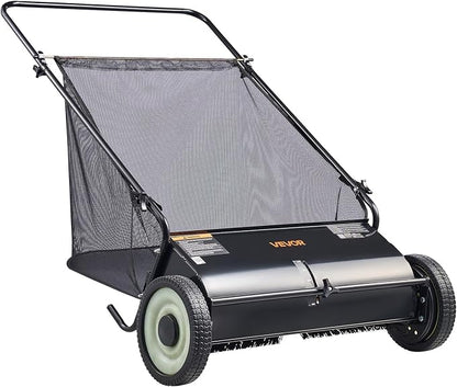VEVOR Push Lawn Sweeper 26 Inch Leaf & Grass Collector Strong Rubber Wheels | Heavy Duty Thickened Steel Durable to Use with Large Capacity 7 ft³ Mesh Collection Bag, 4 Spinning Brushes
