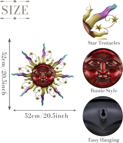TERESA'S COLLECTIONS Outdoor Sun Metal Wall Art for Outdoor Decor,21" Red Sun Face 3D Wall Decor for Garden Decor,Rustic Retro Hanging Sculpture for Outside indoor Home Patio Farmhouse Gifts for Mom