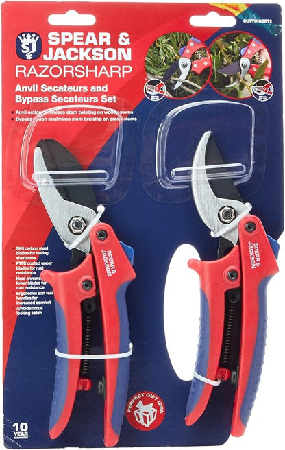 Spear & Jackson CUTTINGSET2 Bypass & Anvil Secateurs Set, Red