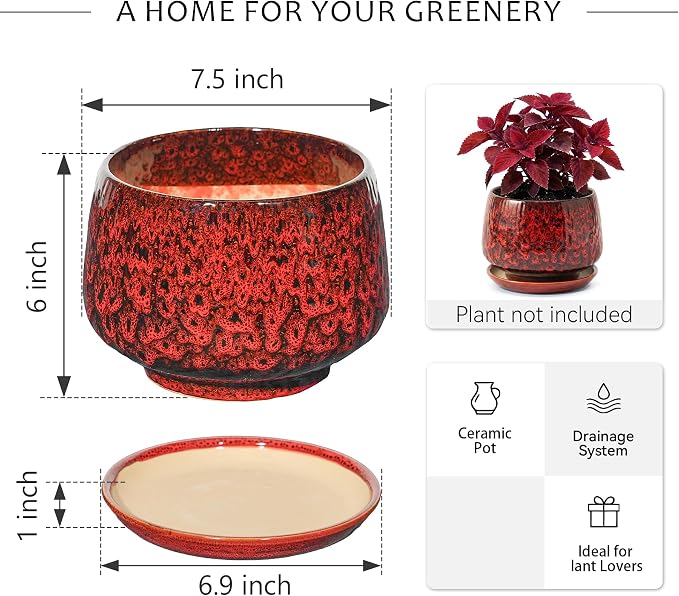7.5 Inch Ceramic Planter with Saucer,Modern Garden Pots with Drainage Hole Mesh Net, for Indoor Outdoor Use(Speckle Red)