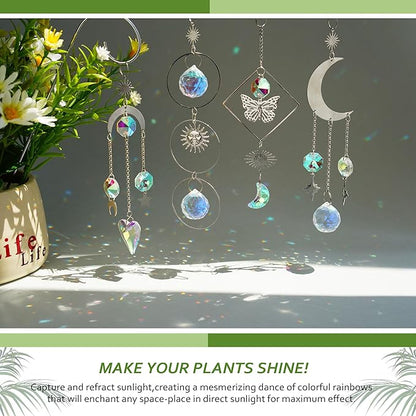 4 Pack Crystal Sun Catchers with 13.5'' Small Trellis for Potted Plants | Sliver,Indoor Plant Accessories,Fairy Garden Stakes Suncatcher Decoration for Home Window,Gift For Plant Lovers and Gardeners