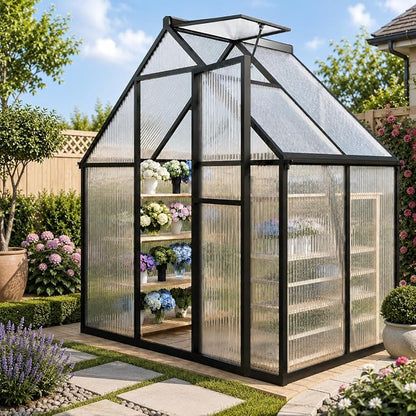 6 x 4 FT Greenhouse for Outdoors, Polycarbonate Greenhouse with Quick Setup Structure and Roof Vent, Aluminum Large Walk-in Green House for Outside Garden Backyard, Dark Gray
