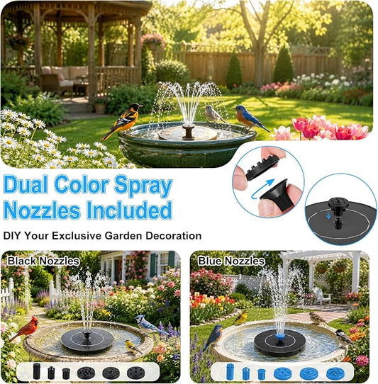 3.5W Solar Fountain Pump, Solar Bird Bath Fountain with 6 Blue & 6 Black Nozzles, Solar Water Pump for Outdoor Garden Patio Small Pond Fish Tank Landscape Decoration