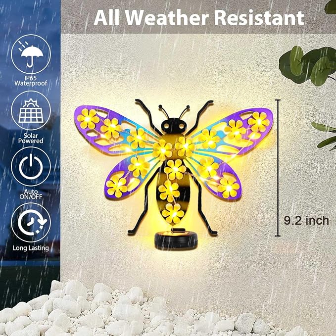 2 Pack Metal Bee Outdoor Wall Decor with 30 Led Solar Lights- 13.8" Outdoor Fence Wall Art Decor, Gift for Mom Grandma Women Birthday Gardening,Hanging Decoration for Garden Patio Porch Yard