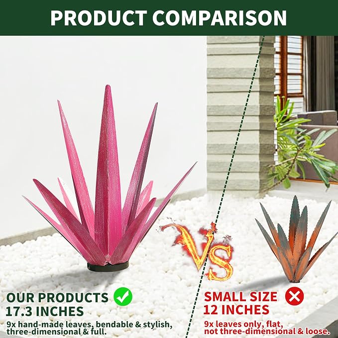 KODIBO 24" Metal Agave Plant Outdoor Decor, Large Yard Sculpture, Rose Red | Hand-Painted Finish, Outdoor-Resistant Metal, Tequila Rustic Sculpture, Artificial Plants Outdoor, Gifts for Garden Lovers