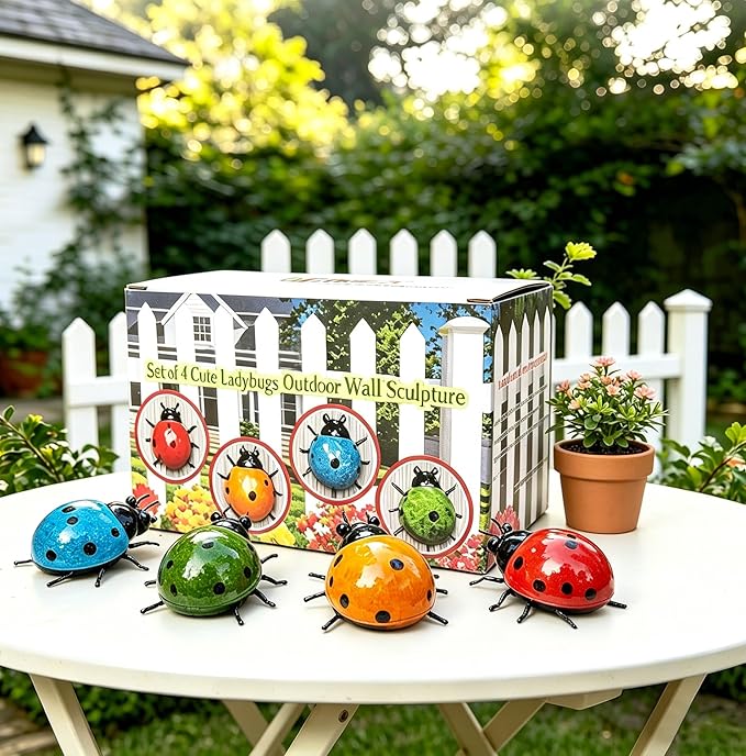 Metal Garden Wall Art Decorative Set of 4 Cute Ladybugs Outdoor Wall Sculptures