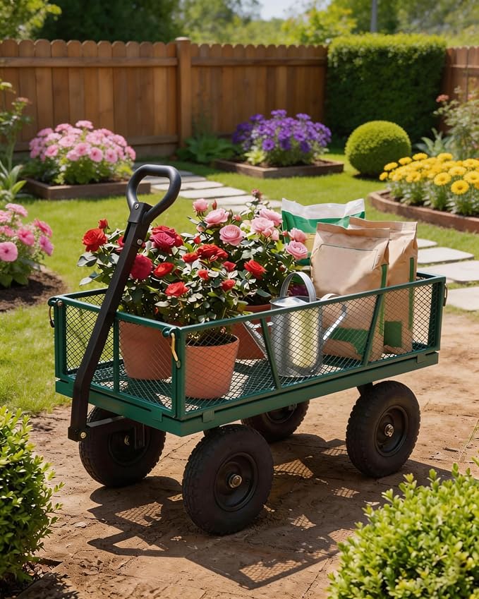 GarveeTech 1200LBS Heavy Duty Steel Garden Cart, Garden Wagon Cart on Wheels, Metal Yard Utility Wagon with Removable Mesh Sides, 13" All Terrain Tires, 180° Rotating Handle for Lawn, Garden, Farm