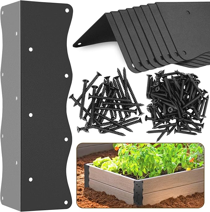 8-Pack Heavy-Duty Metal Corner Brackets for Raised Garden Beds (11"x3"x3") - L-Shaped Reinforced Connectors with Short/Long Screws, Fits 20"-24" Bed Edges & Wooden Shelves/Cabinets