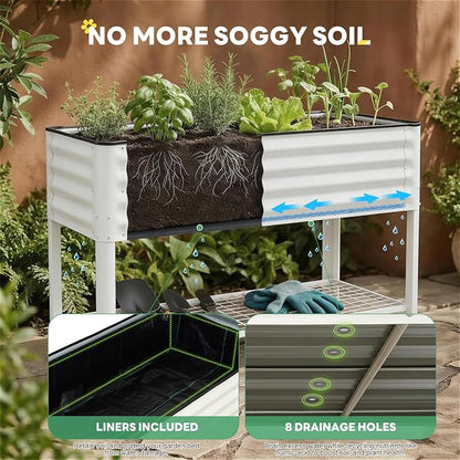 Elevated Raised Garden Bed with Legs and Wheels- 48''x24''x32'' Galvanized Metal Standing Planter Boxes Outdoor with Bottom Storage Shelf for Backyard, Patio, Balcony, Vegetables, Flowers, White