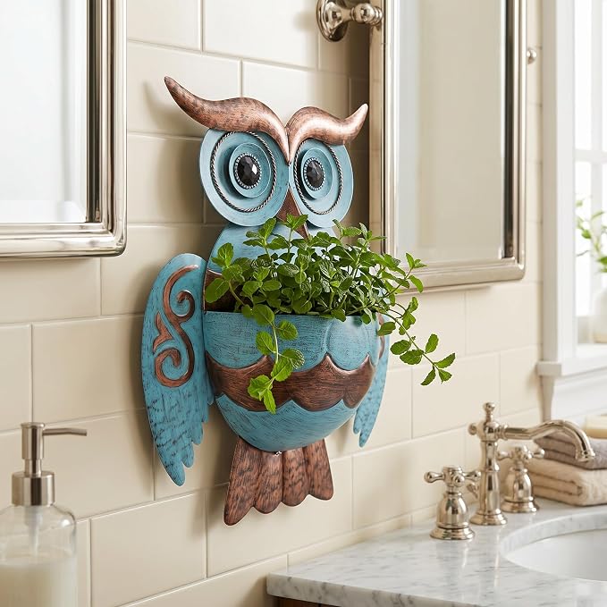 Owl Metal Wall Mount Planter, Hanging Succulent Flower Pot with Drainage | Farmhouse owl metal wall hanging pot garden succulent decorative planters, indoor outdoor hanging wall container