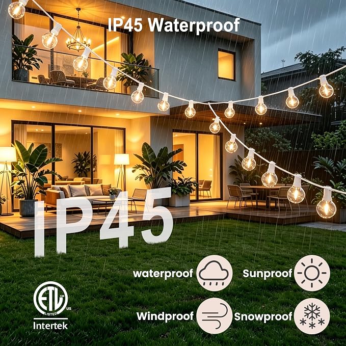 Outdoor-String-Lights with Remote 53FT Waterproof lights for Outside Patio | 12 inch Bulbs Apart,White Cord String Lights,Connectable Dimmable Patio Lights with Remote,Timer,3 Modes for Backyard, Bistro